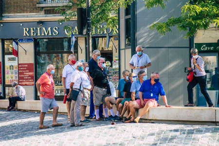 Reims France September 15, 2020 View of unidentified tourists visiting and walking in the streets of...