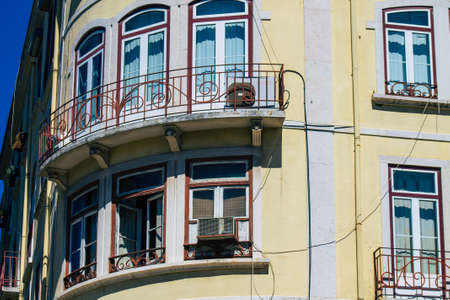 Lisbon Portugal july 28, 2020 View of classic facade of ancient historical buildings in the downtown...