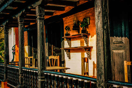 View of the facade of an old house from Nepalの写真素材