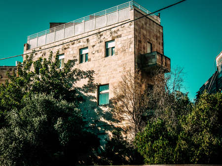 View of the facade of a building in the historic district of Jerusalem in Israelの写真素材