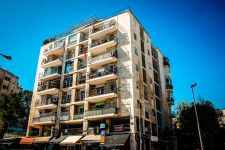 View of the facade of a building in the historic district of Jerusalem in Israelの写真素材