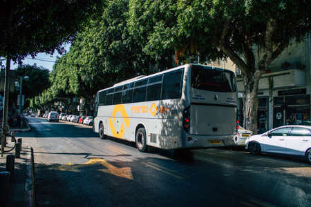 Tel Aviv Israel September 29, 2020 View of an traditional Israeli public bus driving through the empty streets of Tel Aviv during the lockdown and the Coronavirus outbreakのeditorial素材