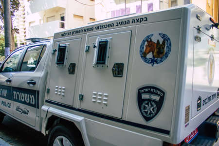 Tel Aviv Israel September 29, 2020 View of an traditional Israeli police car parked in the streets of Tel Aviv during the Coronavirus outbreak to enforce widespread containment in Israelのeditorial素材