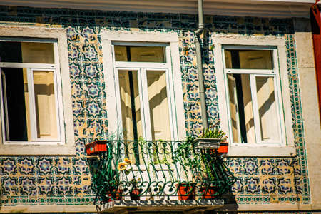 View of the facade of a building in the downtown of Lisbon in Portugal