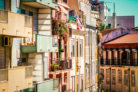 View of the facade of a building in the downtown of Lisbon in Portugal