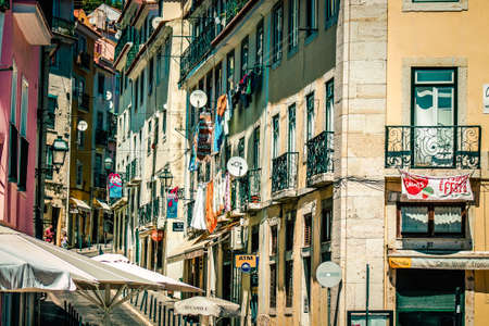 View of the facade of a building in the downtown of Lisbon in Portugal
