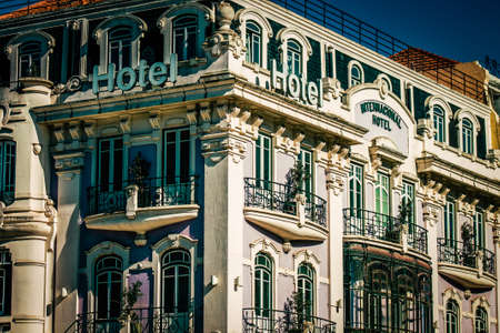 View of the facade of a building in the downtown of Lisbon in Portugalの写真素材