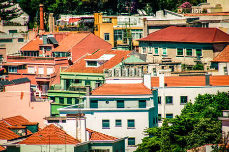 View of the facade of a building in the downtown of Lisbon in Portugal