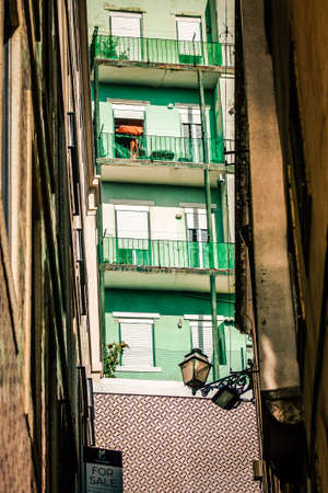 View of the facade of a building in the downtown of Lisbon in Portugal