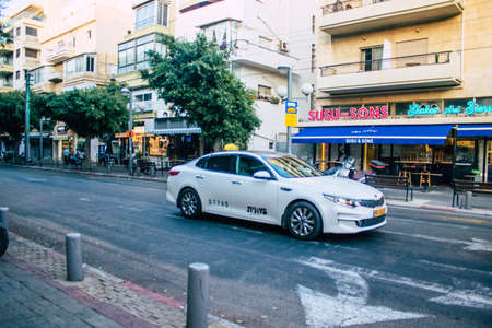 Tel Aviv Israel October 10, 2020 View of an traditional Israeli taxi driving through the empty streets of Tel Aviv during the lockdown and the Coronavirus outbreakのeditorial素材