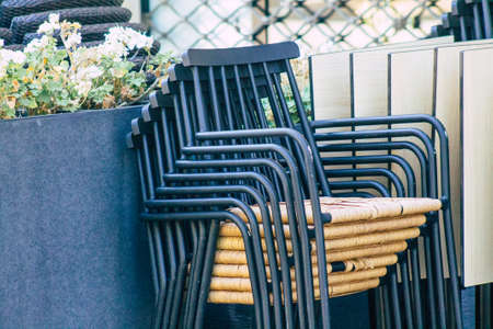 Reims France October 11, 2020 View of the chairs of a bar closed by the government following the Coronavirus pandemic affecting France and this in order to limit its progression in the populationの写真素材
