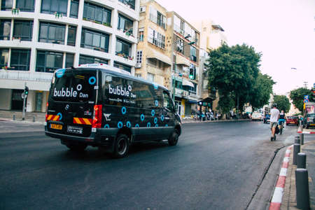 Tel Aviv Israel October 11, 2020 View of an traditional Israeli public bus driving through the empty...
