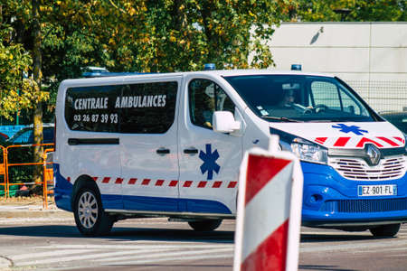 Reims France October 11, 2020 View of a traditional ambulance driving through the streets of Reims, a city in the Grand Est region of France and one of the oldest in Europeのeditorial素材