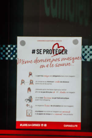Reims France October 11, 2020 View of an information poster to protect yourself from the Coronavirus in the streets of Reims and this in order to limit its progression in the populationのeditorial素材