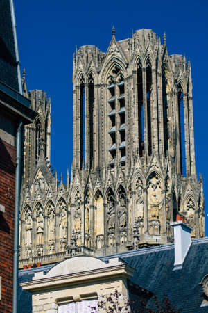 Reims France October 11, 2020 View of the exterior facade of the Notre Dame de Reims Cathedral, a...