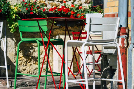 Reims France October 11, 2020 View of the chairs of a bar closed by the government following the Coronavirus pandemic affecting France and this in order to limit its progression in the populationのeditorial素材