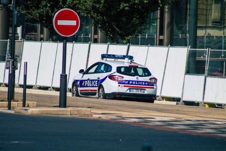 Reims France October 11, 2020 View of a traditional French police car rolling in the historical streets of Reims, a city in the Grand Est region of France and one of the oldest in Europeのeditorial素材