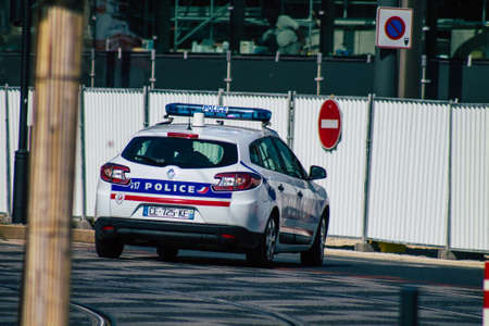 Reims France October 11, 2020 View of a traditional French police car rolling in the historical streets of Reims, a city in the Grand Est region of France and one of the oldest in Europeのeditorial素材