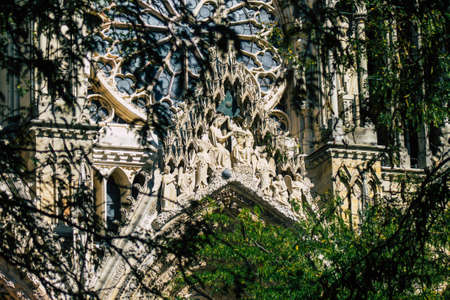 Reims France October 11, 2020 View of the exterior facade of the Notre Dame de Reims Cathedral, a historical monument in the Grand Est region of France and one of the oldest in Europeのeditorial素材