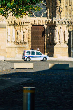 Reims France October 31, 2020 View of a French police car parked front the Cathedral of Reims to...