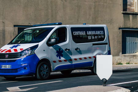 Reims France October 11, 2020 View of a traditional ambulance driving through the streets of Reims, a city in the Grand Est region of France and one of the oldest in Europeのeditorial素材