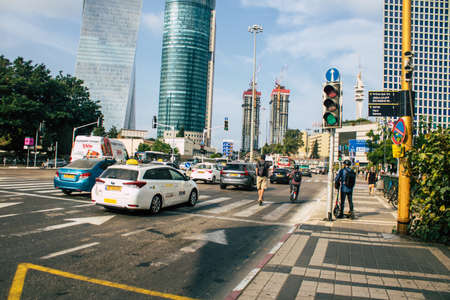 Tel Aviv Israel October 28, 2020 View of an traditional Israeli taxi driving through the streets of Tel Aviv during the lockdown and the Coronavirus outbreak in Israelのeditorial素材