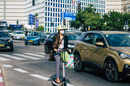 Tel Aviv Israel October 28, 2020 View of an unidentified people rolling in the streets of Tel Aviv during lockdown and Coronavirus outbreak to enforce containment of the population in Israelのeditorial素材