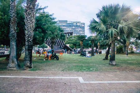 Tel Aviv Israel October 27, 2020 View of unidentified Israeli people sitting in the streets of Tel Aviv during lockdown and Coronavirus outbreak to enforce containment of the population in Israelのeditorial素材
