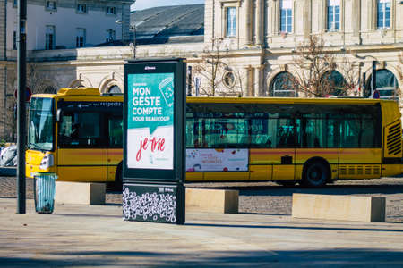 Reims France November 14, 2020 View of a traditional city bus for passengers driving through the...