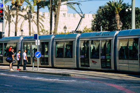 Jerusalem Israel, 2019 View of the tram also called Light Train before the coronavirus outbreak hitting Israel rolling in Jaffa street and part of the transportation system of the city of Jerusalemのeditorial素材