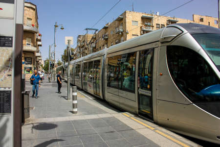 Jerusalem Israel, 2019 View of the tram also called Light Train before the coronavirus outbreak hitting Israel rolling in Jaffa street and part of the transportation system of the city of Jerusalemのeditorial素材