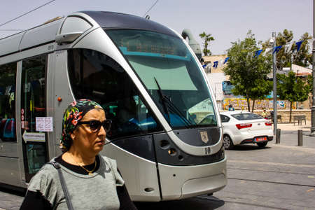 Jerusalem Israel, 2019 View of the tram also called Light Train before the coronavirus outbreak hitting Israel rolling in Jaffa street and part of the transportation system of the city of Jerusalemのeditorial素材