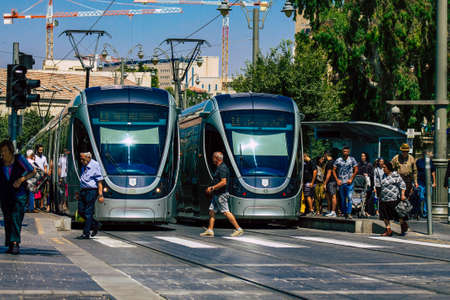 Jerusalem Israel, 2019 View of the tram also called Light Train before the coronavirus outbreak hitting Israel rolling in Jaffa street and part of the transportation system of the city of Jerusalemのeditorial素材