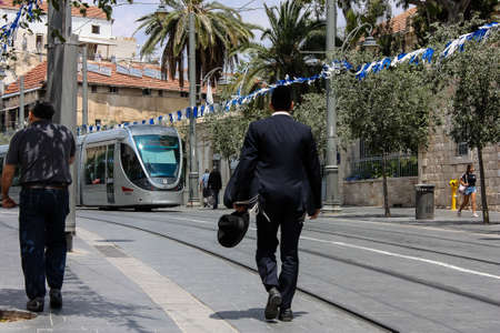 Jerusalem Israel, 2019 View of unidentified Israeli people walking in Jaffa street before the coronavirus outbreak hitting Israelのeditorial素材