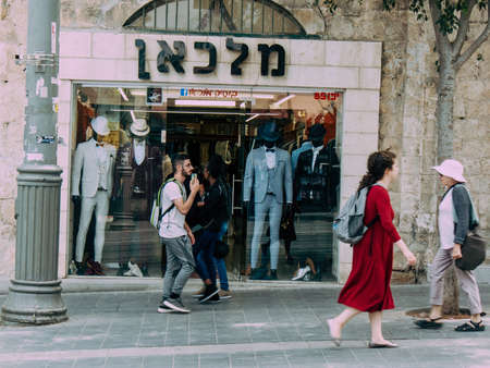 Jerusalem Israel, 2019 View of unidentified Israeli people walking in Jaffa street before the coronavirus outbreak hitting Israelのeditorial素材