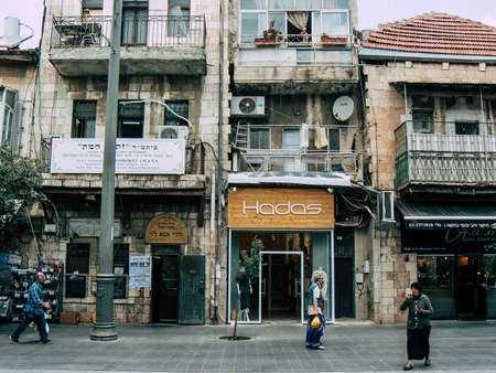 Jerusalem Israel, 2019 View of unidentified Israeli people walking in Jaffa street before the coronavirus outbreak hitting Israelのeditorial素材