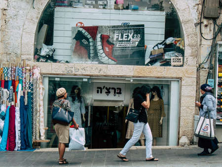 Jerusalem Israel, 2019 View of unidentified Israeli people walking in Jaffa street before the coronavirus outbreak hitting Israelのeditorial素材