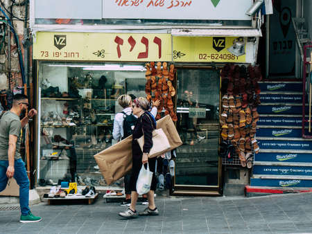 Jerusalem Israel, 2019 View of unidentified Israeli people walking in Jaffa street before the coronavirus outbreak hitting Israelのeditorial素材