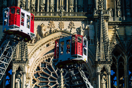 Reims France December 18, 2020 View of a red French fire truck in intervention in front of the Reims cathedral during the coronavirus pandemic affecting France and the lockdown of the countryのeditorial素材