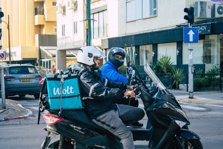 Tel Aviv Israel December 22, 2020 View of unidentified people rolling through the streets of Tel...