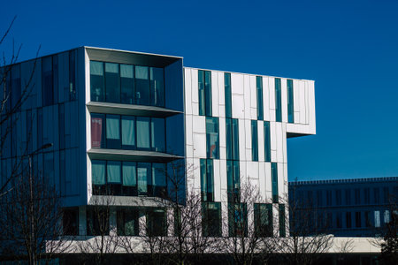 Reims France December 26, 2020 View of the facade of a modern building located in Reims, a city in the Grand Est region of France and one of the oldest in Europeのeditorial素材