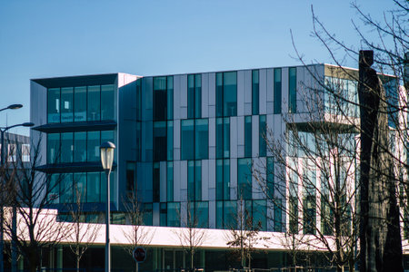 Reims France December 26, 2020 View of the facade of a modern building located in Reims, a city in...