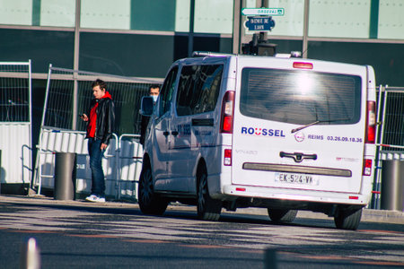 Reims France January 09, 2021 View of a traditional ambulance driving through the streets during the...