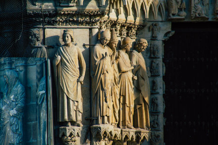 Reims France January 09, 2021 View of the exterior facade of the Notre Dame de Reims Cathedral, a...