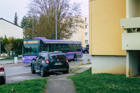 Reims France January 09, 2021 View of a traditional city bus for passengers driving through the streets and part of the public transport system of Reims during virus outbreak hitting Franceのeditorial素材
