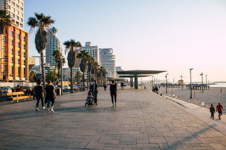 Tel Aviv Israel January 10, 2021 View of unidentified Israeli people walking in the streets of Tel Aviv during lockdown and Coronavirus outbreak hitting Israelのeditorial素材