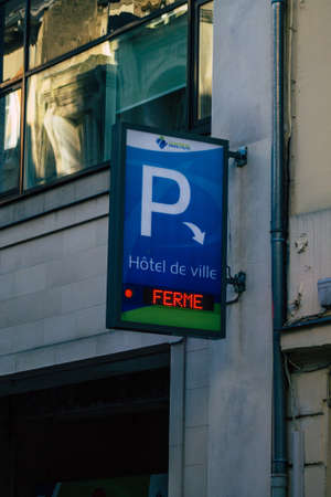 Reims France February 14, 2021 Street sign or road sign, erected at the side of or above roads to provide information to road user in the downtown area of Reimsのeditorial素材