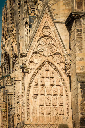 Reims France February 16, 2021 Exterior facade of the Notre Dame de Reims Cathedral, a historical...