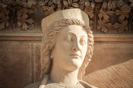 Reims France February 16, 2021 Exterior facade of the Notre Dame de Reims Cathedral, a historical monument in the Grand Est region of Franceのeditorial素材