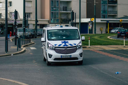 Reims France February 23, 2021 Ambulance driving through the streets of Reims during the coronavirus pandemic affecting Franceのeditorial素材